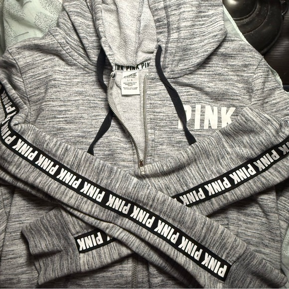 PINK hoodie large Victoria’s Secret women’s sweatshirt long sleeves grey zip up - Picture 10 of 12